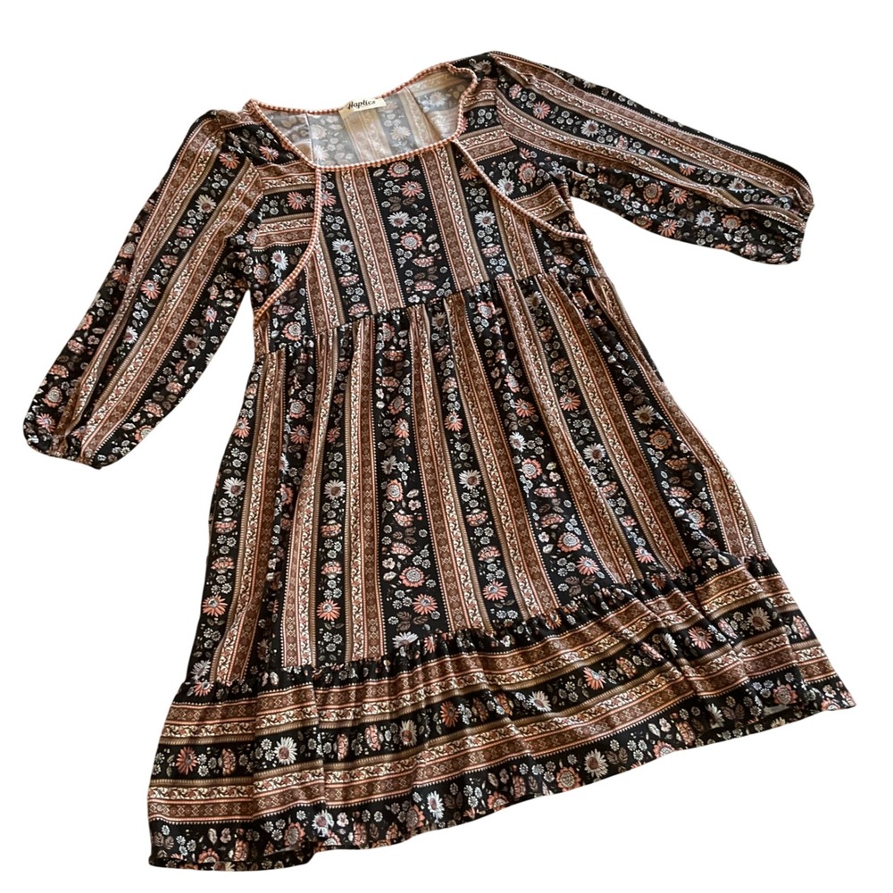 Haptics Floral Striped Babydoll Dress Womens Large Brown Boho Crochet Trim Puff